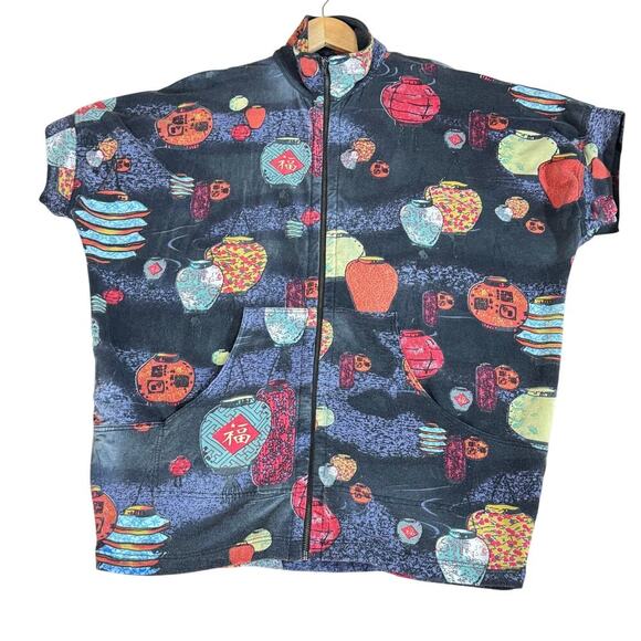 Citron Cotton Bamboo Zip Front Jacket Asian Lantern Print Lagenlook M Oversized - Picture 1 of 11